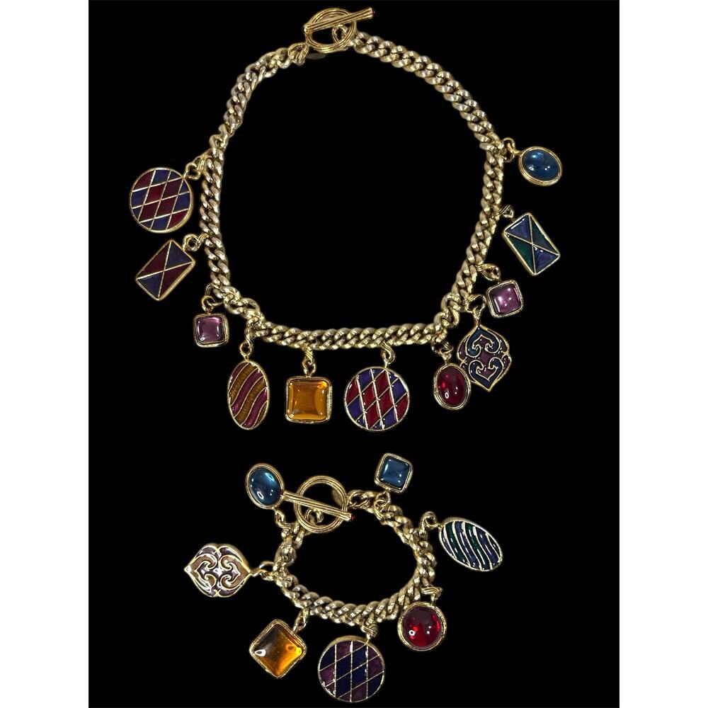Rare JAY STRONGWATER Necklace & Bracelet Set Gold Charm Swarovski Crystals VTG